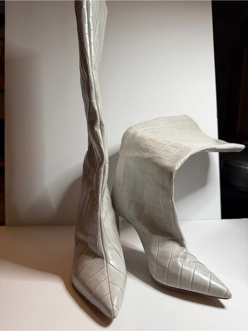 SCHUTZ White Croc-Embossed Over-the-Knee Stiletto Boots